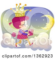 Poster, Art Print Of Pink Haired Caucasian Girl Reading A Story Book And Reading While Walking On Clouds