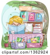 Blond White Girl Reading Behind A Book At A Yard Sale
