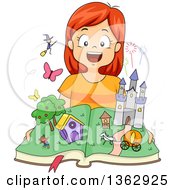 Poster, Art Print Of Happy Red Haired Caucasian Girl Opening A Fairy Tale Pop Up Book With Witches And Castles