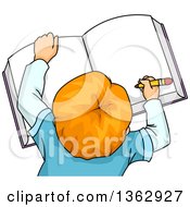 Poster, Art Print Of Aerial View Of A Red Haired White School Boy Writing In A Book