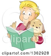 Poster, Art Print Of Happy Blond White Boy Holding A Puppy And Reading A Book