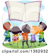 Poster, Art Print Of Group Of Children Gathered Around A Floating Book