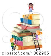 Clipart Of School Children Climbing Ladders To The Top Of A Stack Of Books Royalty Free Vector Illustration