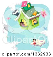 Clipart Of A Flying Book House And Children In The Sky Royalty Free Vector Illustration