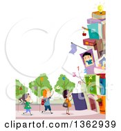 Poster, Art Print Of Border Of School Children With A Book Building And Alphabet Trees