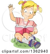 Clipart Of A Happy Blond White Girl Reading A Book And Raising Her Hand Royalty Free Vector Illustration