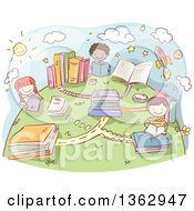 Clipart Of Sketched School Children With Book Roads On A Globe Royalty Free Vector Illustration