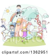Poster, Art Print Of Sketched School Children Over Science Items And Books