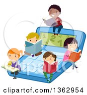 Clipart Of School Children Reading Math Books On A Calculator Royalty Free Vector Illustration
