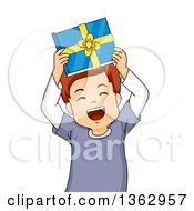 Poster, Art Print Of Happy Brunette Caucasian Boy Holding Up A Book Gift And Cheering