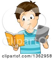 Poster, Art Print Of Brunette White Boy Comparing A Tablet Or E Reader To A Book