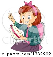 Clipart Of A Happy White Girl Emobroidering Royalty Free Vector Illustration
