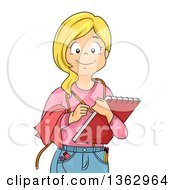 Happy Blond White Girl Dressed As A Tailor Holding A Sketch Pad