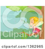 Poster, Art Print Of Blond White Female Fairy Sitting On A Tree Branch And Blowing Magic Dust Into The Forest