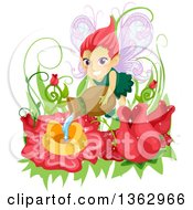 Poster, Art Print Of Red Haired Female Fairy Watering Flowers In A Garden