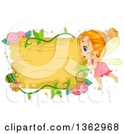 Poster, Art Print Of Red Haired Female Fairy Girl With A Flora Vine And Beetle Sign