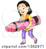 Clipart Of A Happy School Girl Carrying A Giant Crayon Royalty Free Vector Illustration