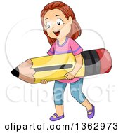 Clipart Of A Happy Brunette White School Girl Carrying A Giant Pencil Royalty Free Vector Illustration