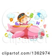 Clipart Of A Happy Red Haired White School Girl Pilot Flying A Plane With Alphabet Letters Royalty Free Vector Illustration