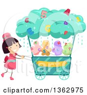 Happy Brunette White Girl Pushing A Cotton Candy Alphabet And Number Cart