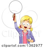 Poster, Art Print Of Happy Blond White Girl Holding Up A Paddle Ready To Answer A Question