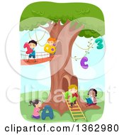 School Children With Numbers And Alphabet Letters At A Tree House