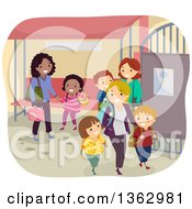 Poster, Art Print Of Mothers Picking Up Their School Children At A Gate