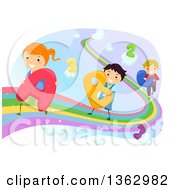 Clipart Of Happy School Children With Numbers Carrying Alphabet Letters On A Rainbow Royalty Free Vector Illustration