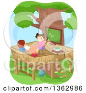 Clipart Of A School Girl Teaching Her Peers The Alphabet On A Tree Platform Royalty Free Vector Illustration by BNP Design Studio