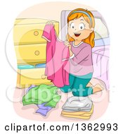Poster, Art Print Of Happy Red Haired White Girl Folding And Putting Away Her Laundry