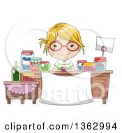 Happy Blond White Girl Wearing Glasses And Selling Preserved Foods