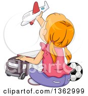Poster, Art Print Of Rear View Of A Red Haired White Girl Sitting On The Floor And Playing With Boy Toys