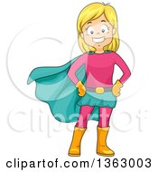 Poster, Art Print Of Happy Blond White Super Hero Girl Posing In A Pink And Turquoise Suit