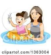 Happy Brunette Caucasian Mother Teaching Her Daughter How To Swim With An Inner Tube