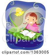 Poster, Art Print Of Happy Brunette White School Girl Writing A Book On A Leaf Table