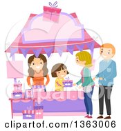 Poster, Art Print Of Happy Brunette White Girl Selling A Gift To A Couple At A Booth