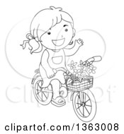 Clipart Of A Black And White Lineart Girl Waving And Riding A Bicycle Royalty Free Vector Illustration