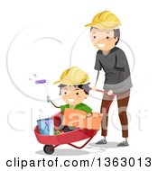 Happy Father Wearing A Hard Hat Pushing His Son In A Wheelbarrow With Paint
