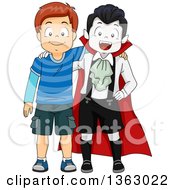 Clipart Of A Happy Brunette White Boy Posing With A Vampire Royalty Free Vector Illustration by BNP Design Studio