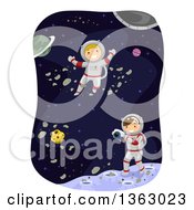Poster, Art Print Of Caucasian Boy Astronauts Taking Pictures In Outer Space