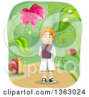 Poster, Art Print Of Red Haired White Biologist Boy Gazing Up At A Flower And Taking Notes