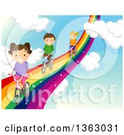 Poster, Art Print Of Children Riding Bicycles On A Rainbow Road In The Sky