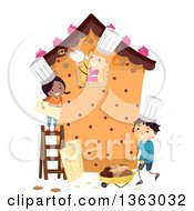 Poster, Art Print Of Group Of Happy Children Building A Life Size Gingerbread House