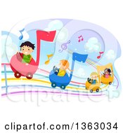 Poster, Art Print Of Group Of Children Driving Music Notes Cards On A Rainbow Staff