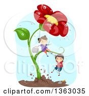 Poster, Art Print Of White Boy And Girl Playing On And Watering A Giant Red Daisy Flower Plant