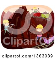 Clipart Of Happy Children Mining A Chocolate Mountain Royalty Free Vector Illustration