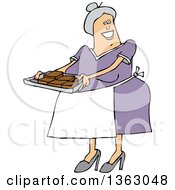 Cartoon Happy Chubby White Senior Woman Holding A Tray Of Fresly Baked Brownies
