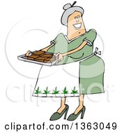 Clipart Of A Cartoon Happy Chubby White Senior Woman Holding A Tray Of Fresly Baked Marijuana Brownies And Wearing An Apron With Pot Leaves Royalty Free Vector Illustration by djart
