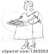 Poster, Art Print Of Cartoon Black And White Happy Chubby Senior Woman Holding A Tray Of Fresly Baked Brownies