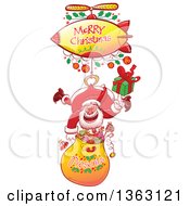 Cartoon Santa Claus Hanging With A Gift Sack From A Zeppelin With A Merry Christmas Greeting